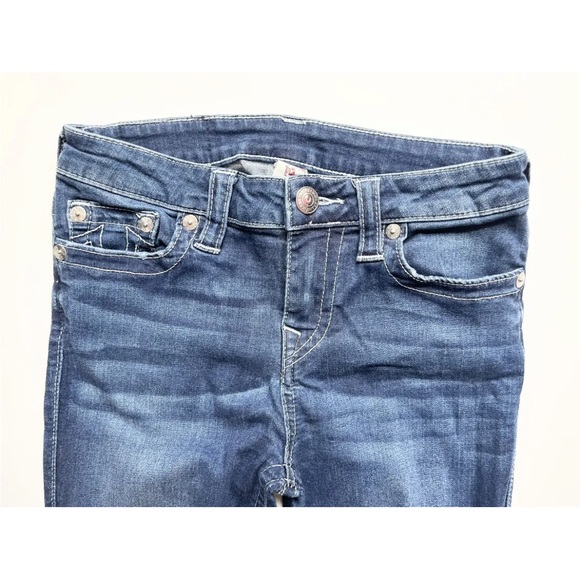 True Religion 29 Super Skinny Jeans Dark Wash Blue Distressed Mid Rise Logo - Picture 3 of 14